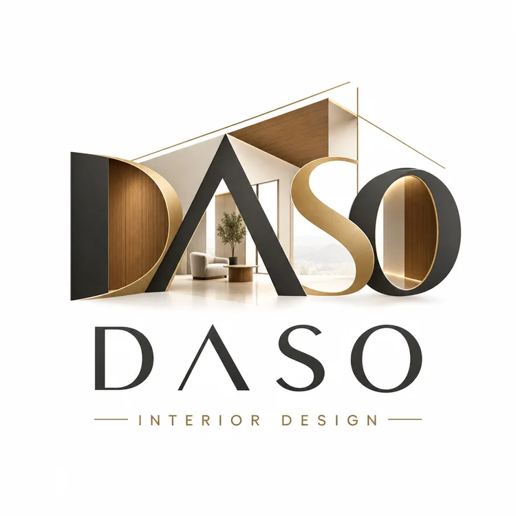 Logo DASO nguyên bản với hình khối kiến trúc và chữ DASO Interior Design