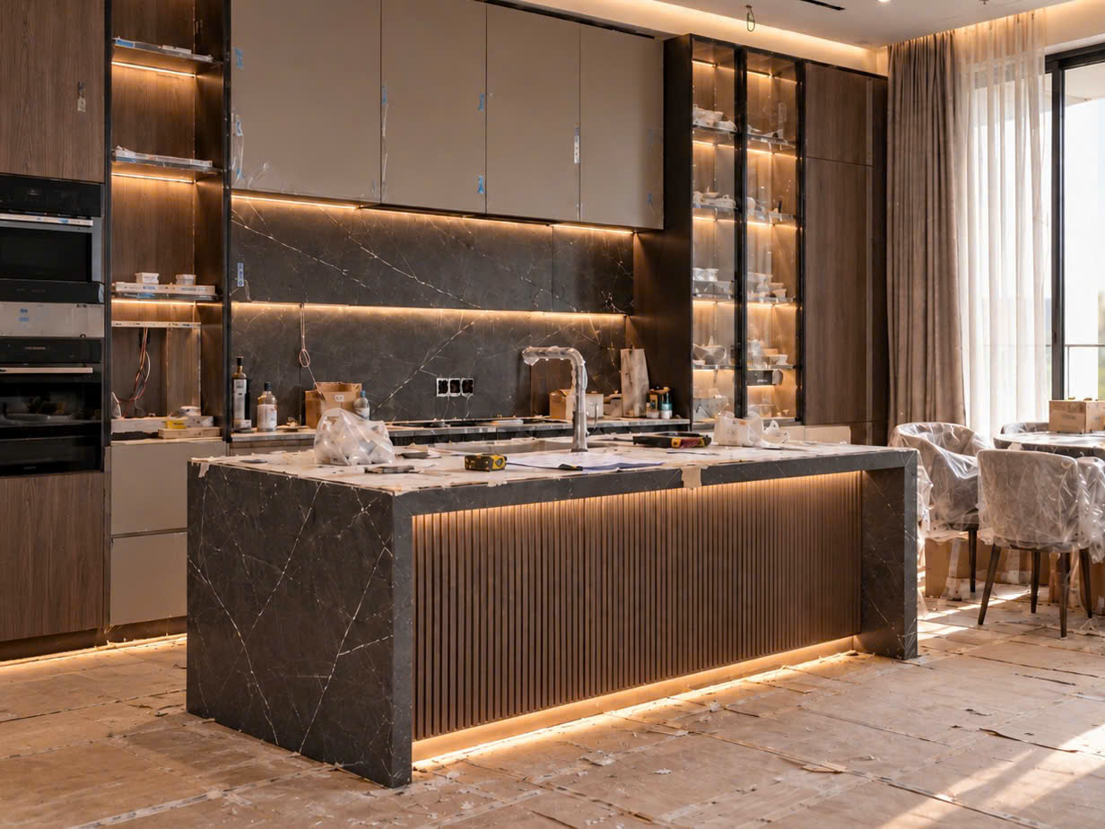 Thi công thực tế: khu vực bếp và bàn ăn